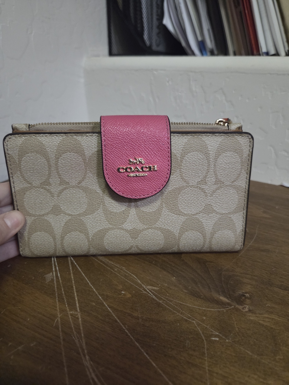 Coach Signature Canvas Wristlet with Pink Snap Tab